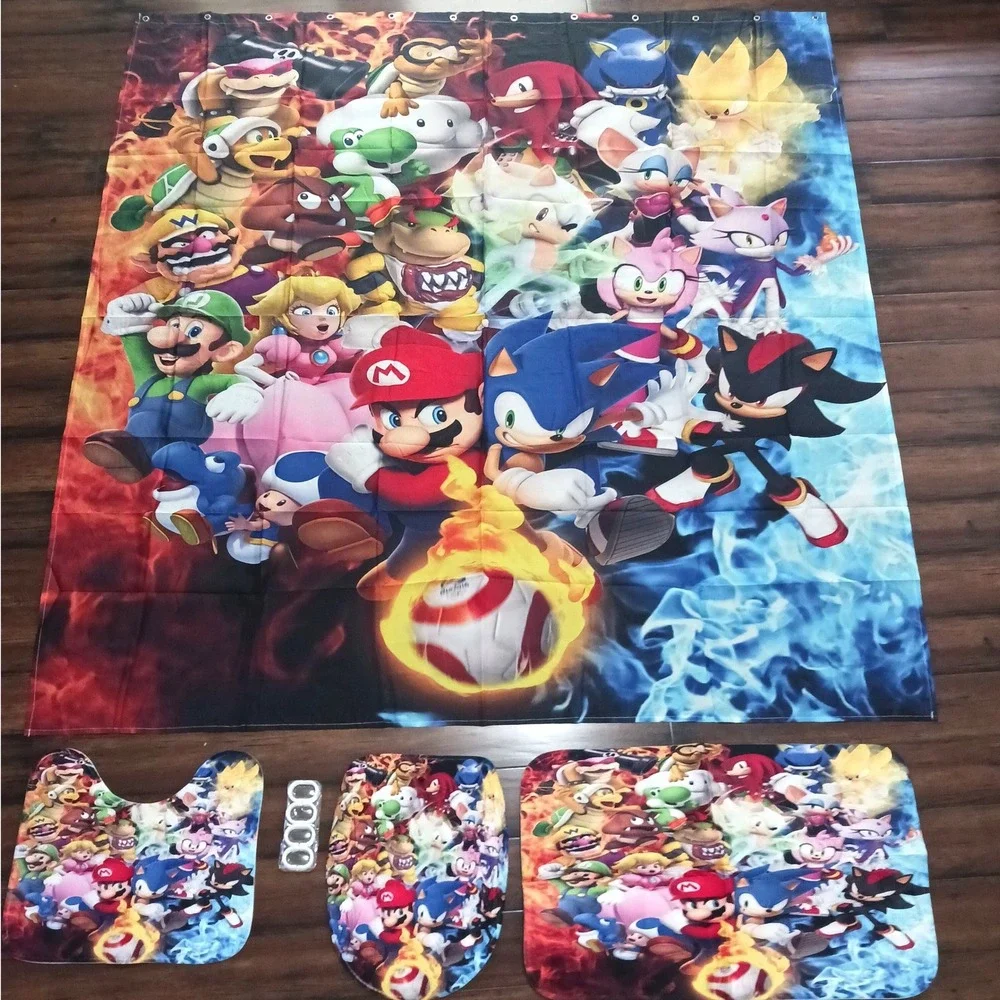 Super Mario Sonic the Hedgehog Bathroom Set Shower Curtain Rugs 4pc Gaming Decor